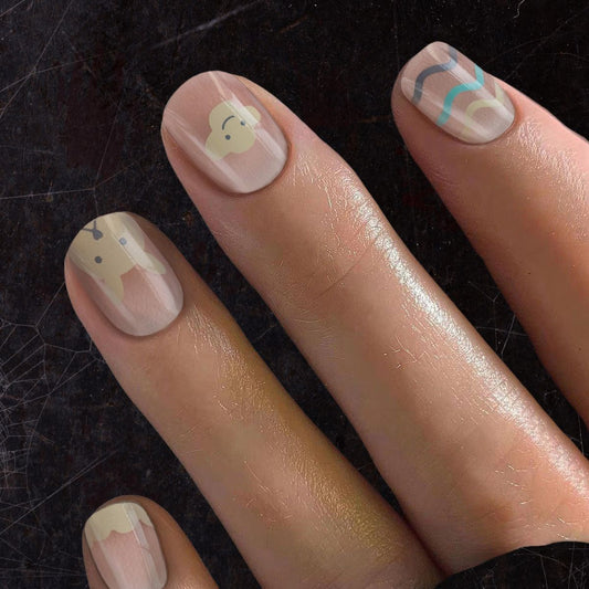 Whimsical Animal Kingdom Short Oval Beige Press On Nails with Cute Character Designs