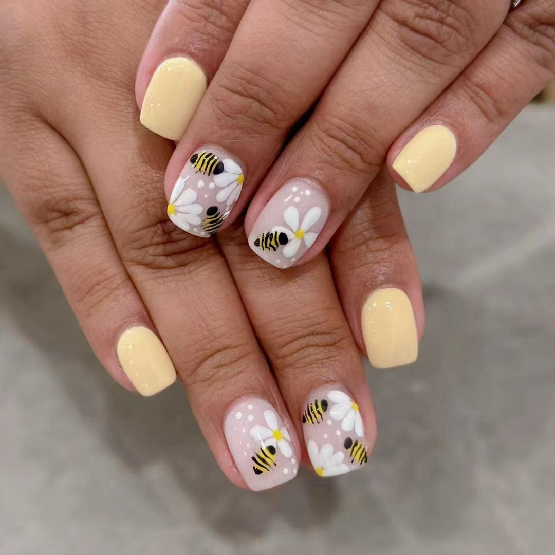 Bee Inspired Square Press On Nail Set Medium Yellow and Pink Floral Design with Bumblebees