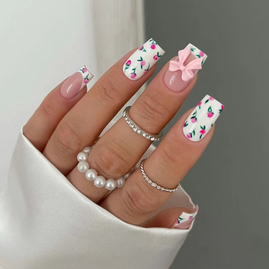 Charming Floral Elegance Medium Square White with Pink Roses and Sweet Bow Press-On Nail Set