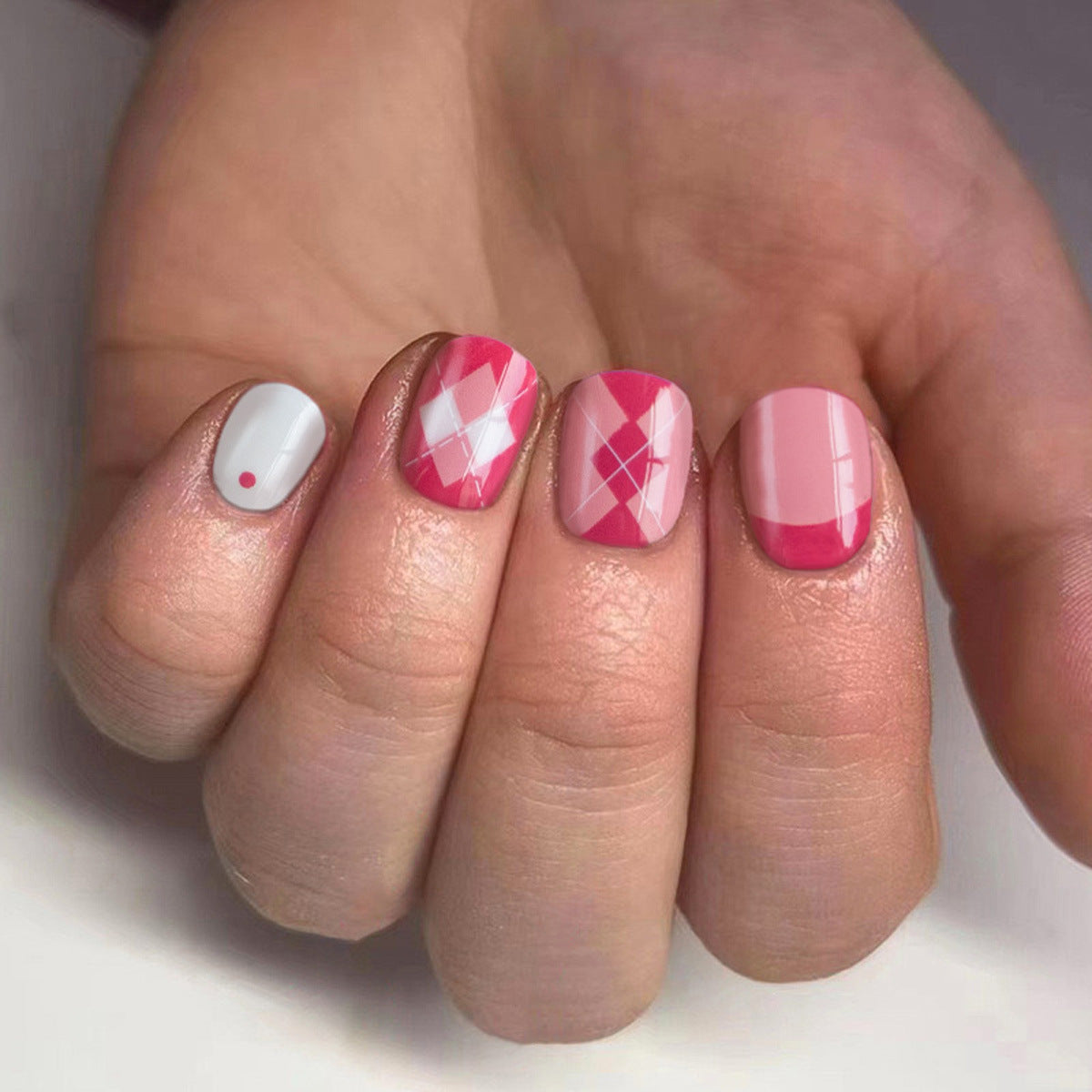 Chic Pink Glam Square Short Press On Nail Set with Unique Argyle and Dot Design