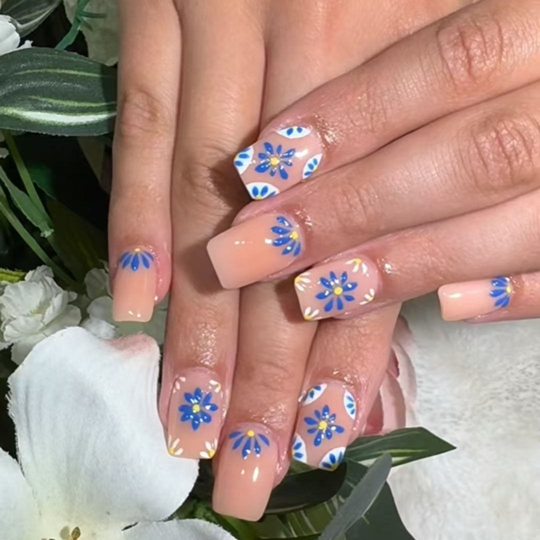 Floral Delight Long Square Blush Pink Press On Nails with Blue Flower Design