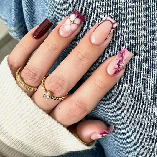 Chic Velvet Blossom Long Square Burgundy and Pink Floral and Marble Accent Press-On Nail Set