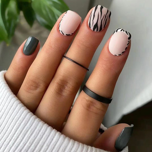 Zebra Chic Square Press On Medium Nail Set Matte Pink Gray and Black with Wild Animal Print Design