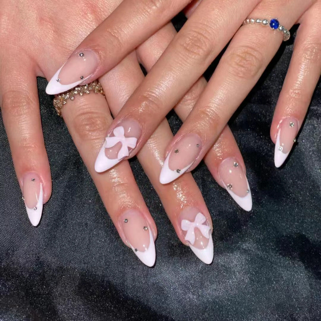 Chic Elegance Long Stiletto White Ombre Press On Nail Set with Floral Design and Rhinestone Accents