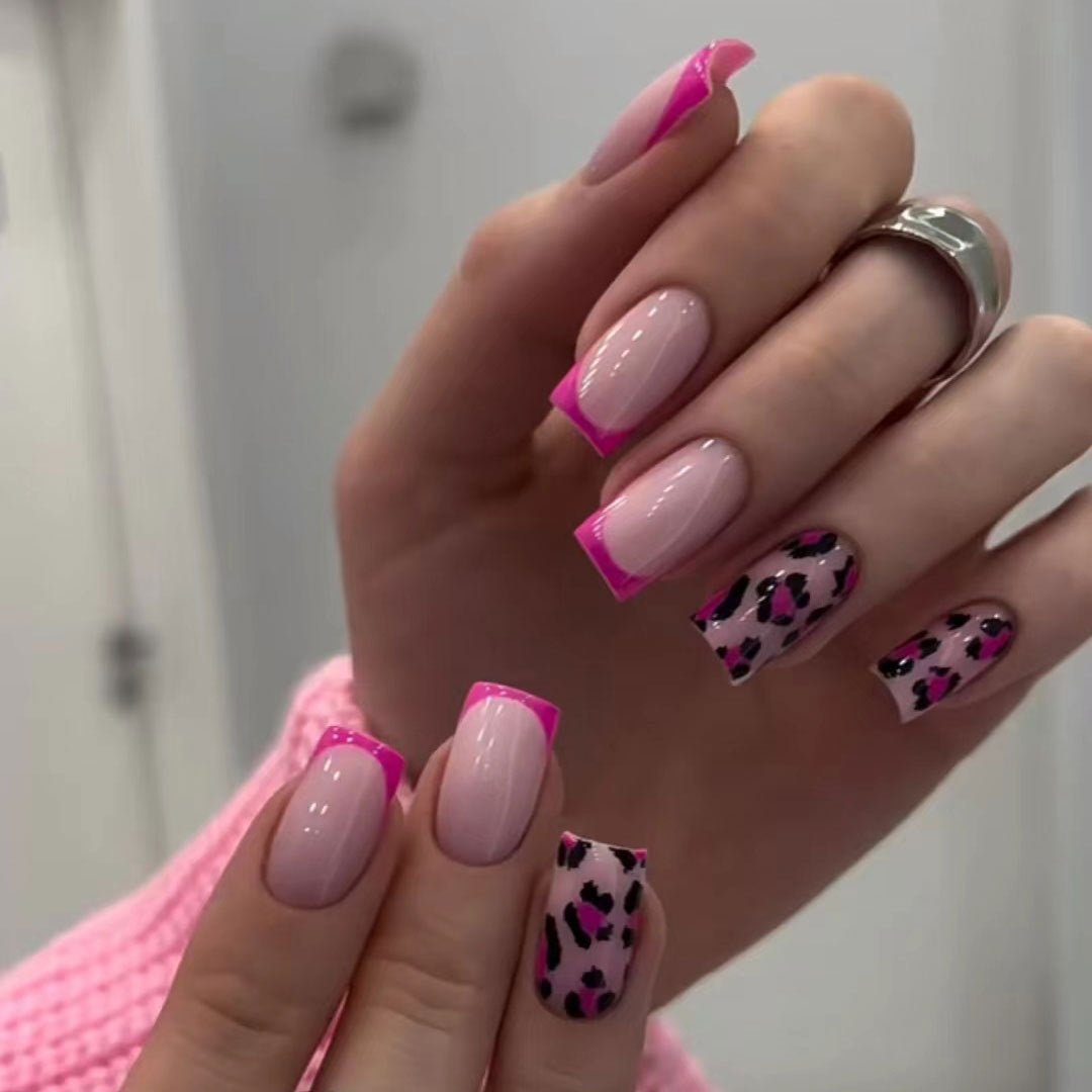 Wild Elegance Long Square Pink and Beige Press On Nail Set with Funky Animal Print Design