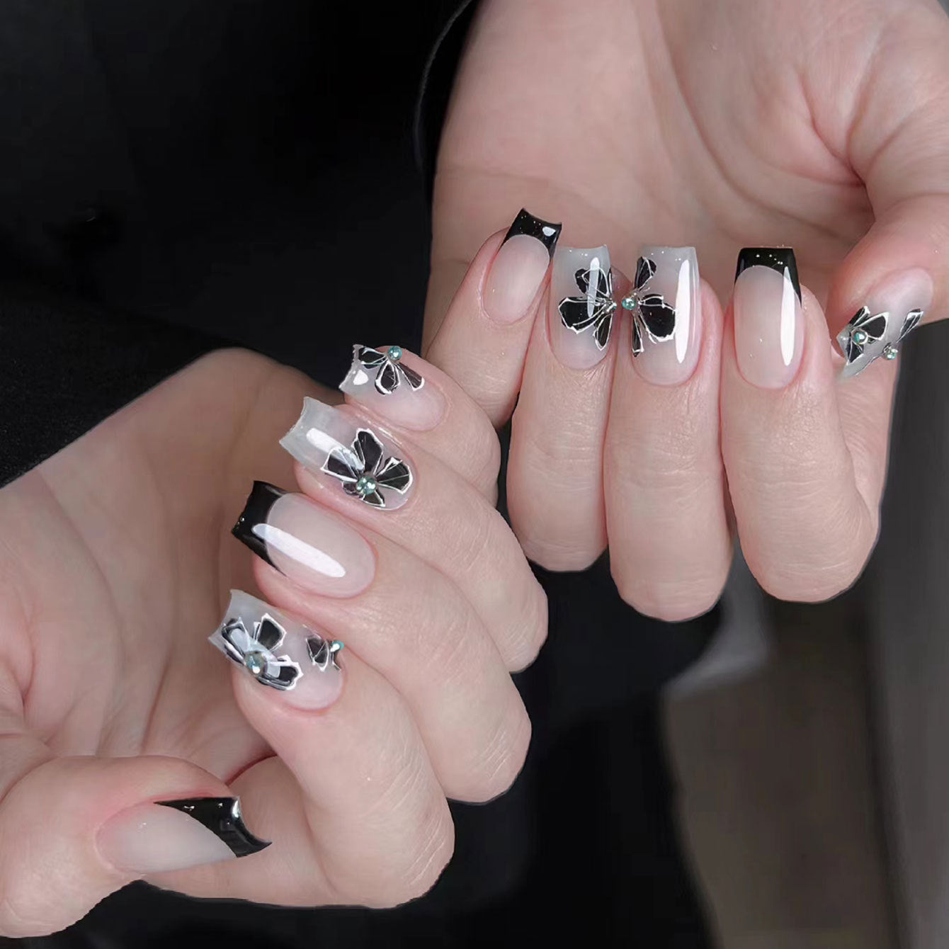 Enchanted Garden Long Square Black and Clear Press On Nail Set with Floral Design and Rhinestone Accents