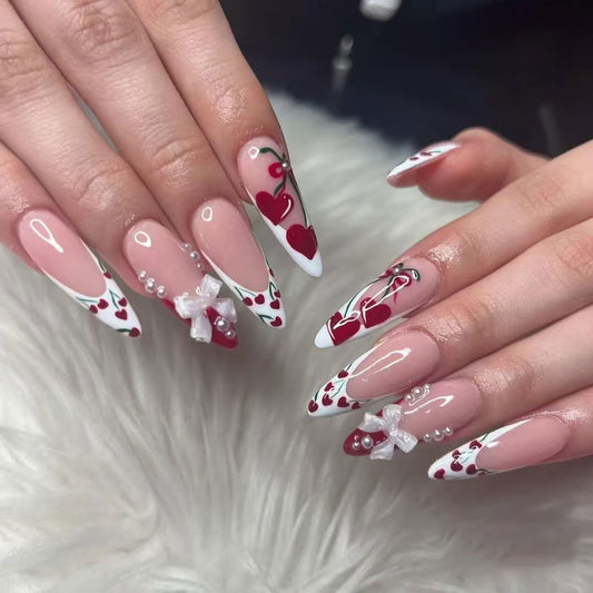 Romantic Cherry Blossom Long Stiletto Pink and White Press On Nail Set with Heart and Bow Design