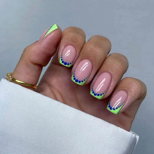 Vibrant Beach Vibes Medium Square Neon Green and Blue Ombre Press On Nail Set with Dotted Design