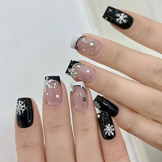 Winter Wonderland Medium Square Press on Nail Set Black and White with Snowflake Design and Gemstone Accents