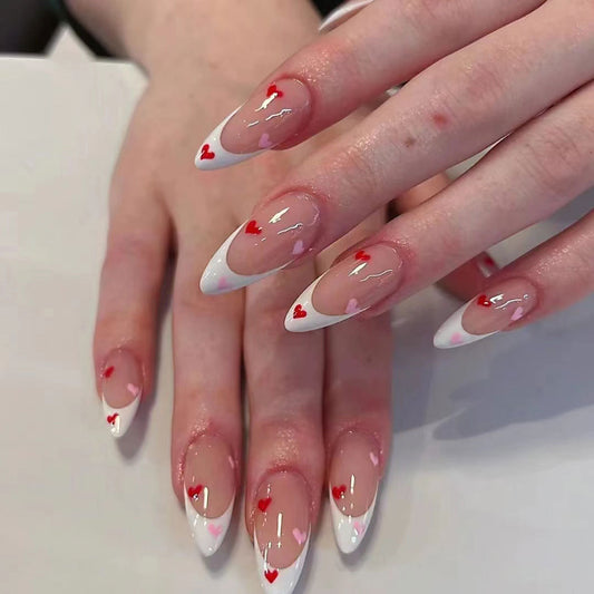 Love Struck Elegant Long Stiletto White and Pink Heart Design Press On Nail Set