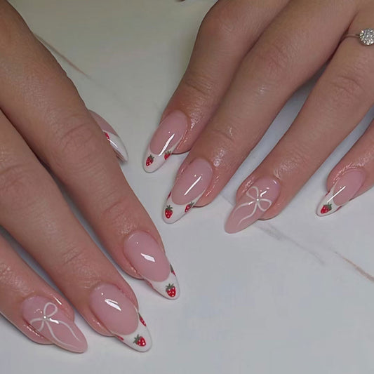 Strawberry Delight Long Almond Pink and White Press On Nail Set Featuring Charming Floral Designs