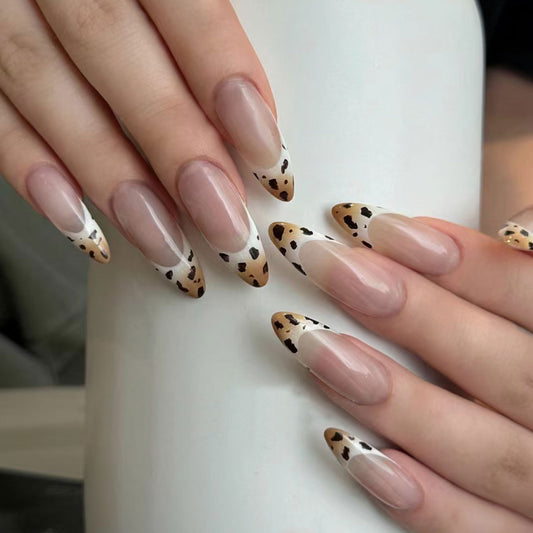 Wild Safari Chic Long Almond Glossy Beige and White Leopard Print Press On Nail Set