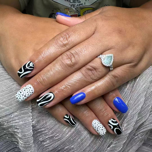 Chic Ocean Vibes Long Square Blue Black and White Marble Press On Nail Set with Unique Abstract Design