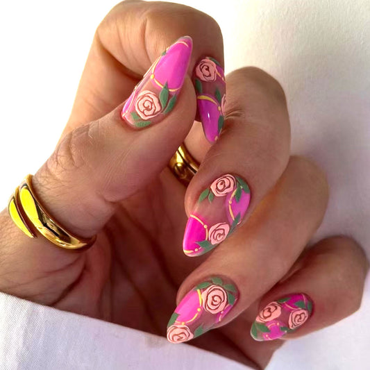 Floral Fantasy Long Almond Pink Press-On Nail Set with Elegant Rose Design