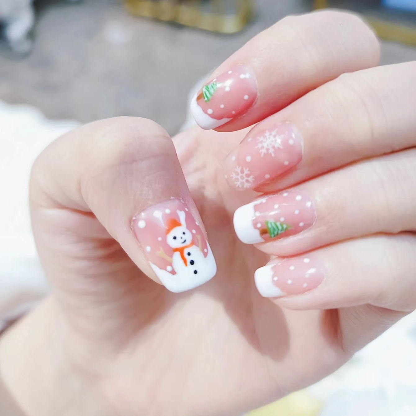 Winter Wonderland Medium Square Pink Press On Nail Set with Snowman Design and Glitter Accents