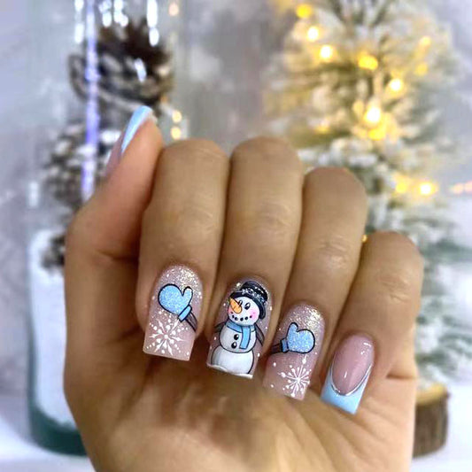 Winter Wonderland Long Square Blue and Pink Press On Nail Set with Snowman and Heart Designs