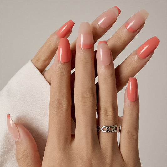 Summer Elegance Long Coffin Peach Ombre Press On Nail Set with Glossy Finish