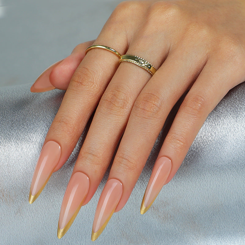 Glamorous Golden Tip Long Stiletto Press On Nails in Soft Peach with Gradient Finish for Effortless Elegance