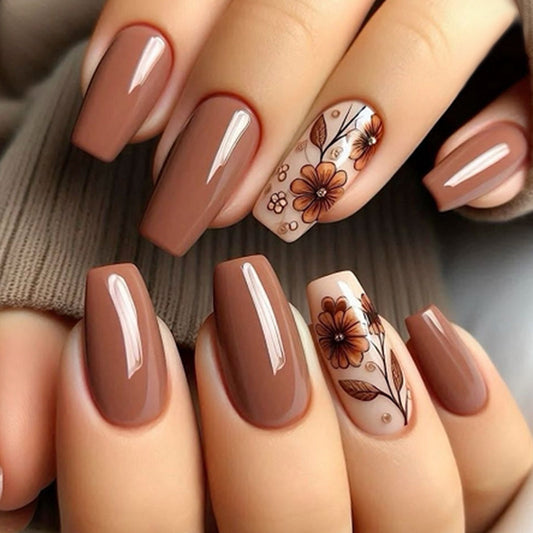 Botanical Elegance Medium Coffin Brown Press-On Nail Set with Floral Accents