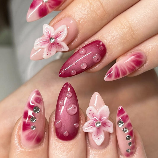 Blooming Romance Elegant Pink Medium Almond Press-On Nail Set with Floral Accents and Crystal Details