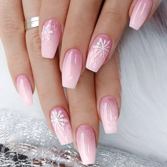 Winter Wonderland Short Coffin Ombre Pink Nail Set with Sparkling Snowflake Accents