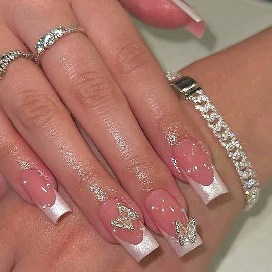 Butterfly Dreams Long Square Pink Ombre Nails with Sparkling Accent Decorations