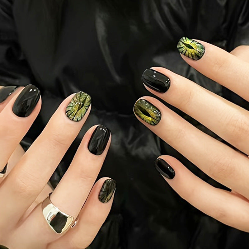 Botanical Elegance Short Square Black and Green Leaf Design Press-On Nail Set