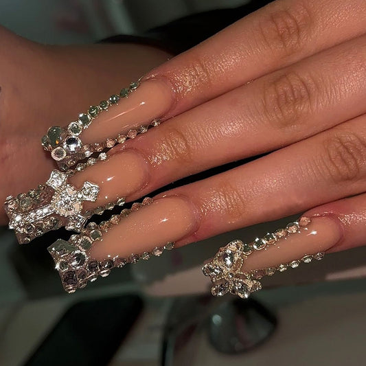 Glamorous Elegance Extra Long Square Beige Press On Nails with Stunning Crystal Accents