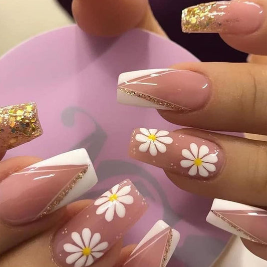 Charming Floral Dream Long Coffin Pink Press On Nail Set with White Daisy and Glitter Accent