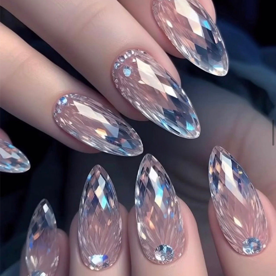 Glamorous Crystal Dream Long Almond Shaped Clear Press On Nail Set with Stunning Gemstone Accents