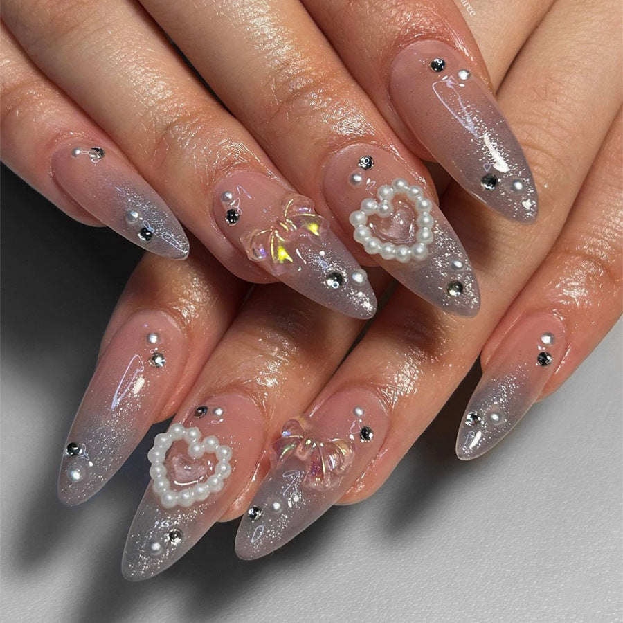 Charming Romance Long Almond Clear Glitter Press On Nail Set with Heart and Pearl Accents