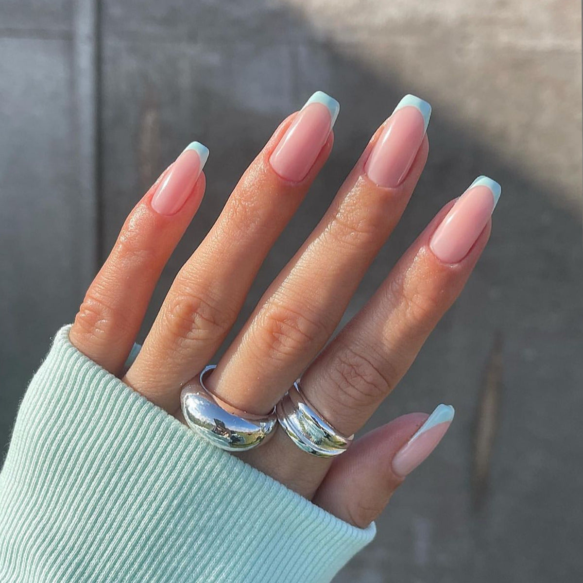 Summer Elegance Long Coffin Pale Pink Press On Nails with French Tip Design