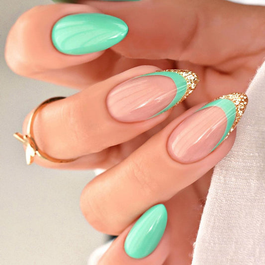 Tropical Paradise Long Almond Shaped Mint Green Glitter Dip Press On Nail Set