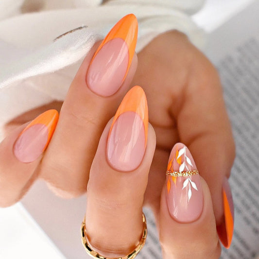 Tropical Sunset Long Almond Orange Ombre Press On Nail Set with Crystal Accents