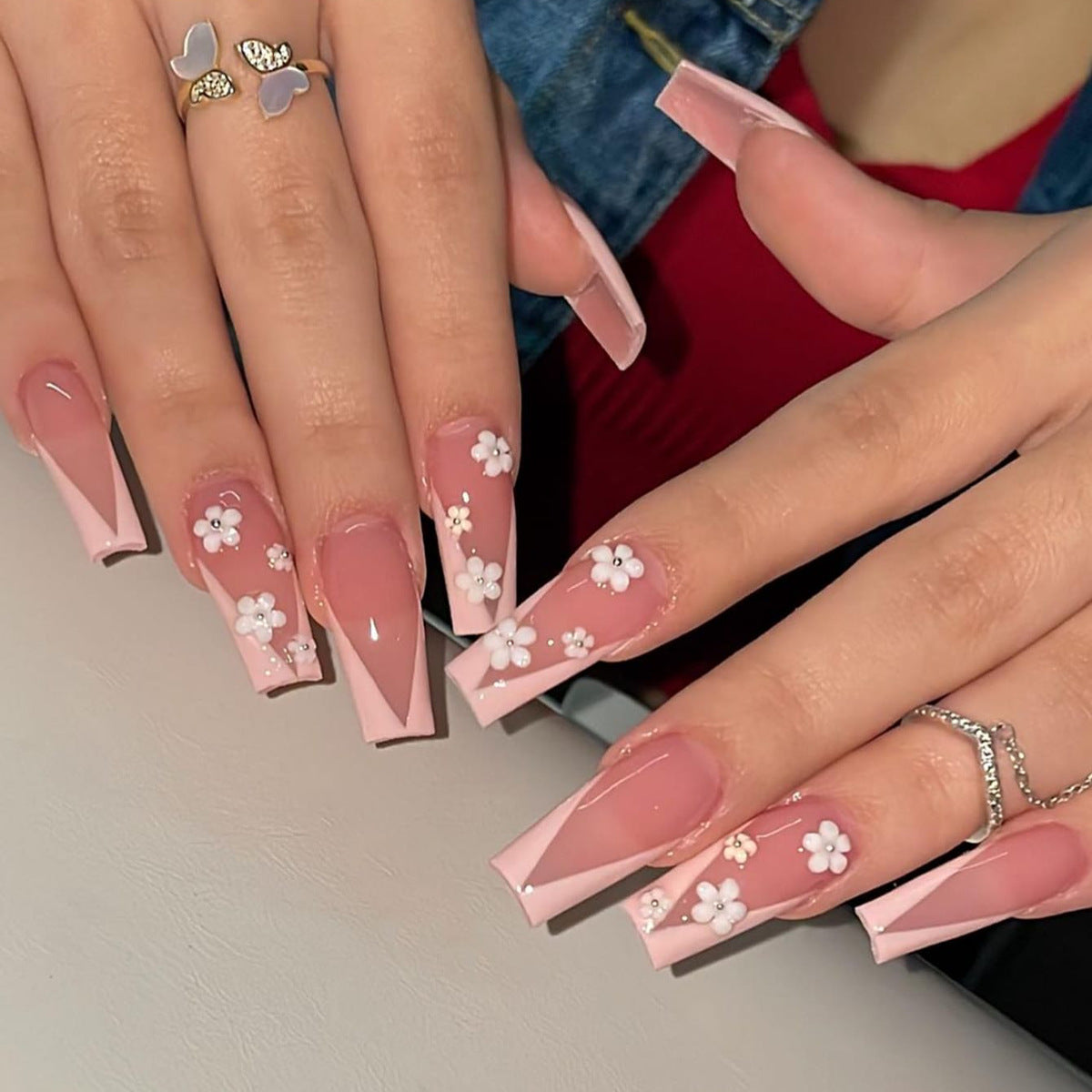 Spring Blossom Extra-Long Coffin Pink Press On Nail Set with 3D Flower Design