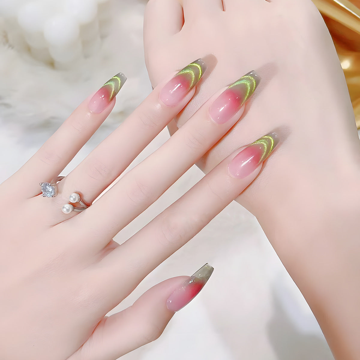 Tropical Paradise Long Coffin Press On Nail Set Pink and Green Ombre with Glow in the Dark Design