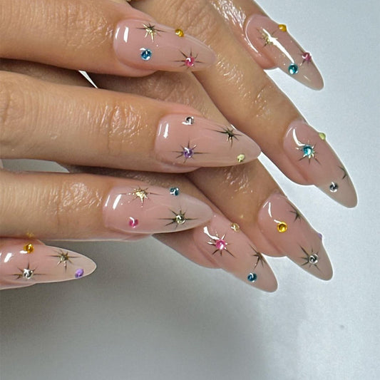 Starry Elegance Long Stiletto Beige Press On Nail Set with Multicolored Rhinestone Accents