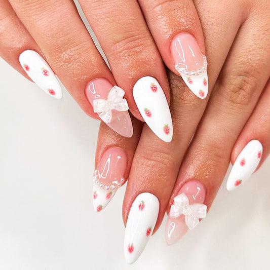 Strawberry Dream Almond Shaped White Press On Long Nail Set with Floral Bows and Pearl Accents