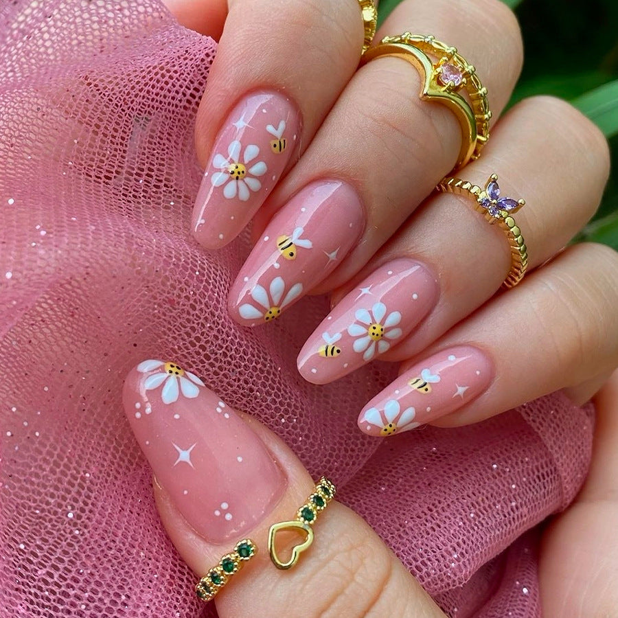 Blooming Bee Garden Long Almond Pink Floral Press On Nail Set with Glitter Accents