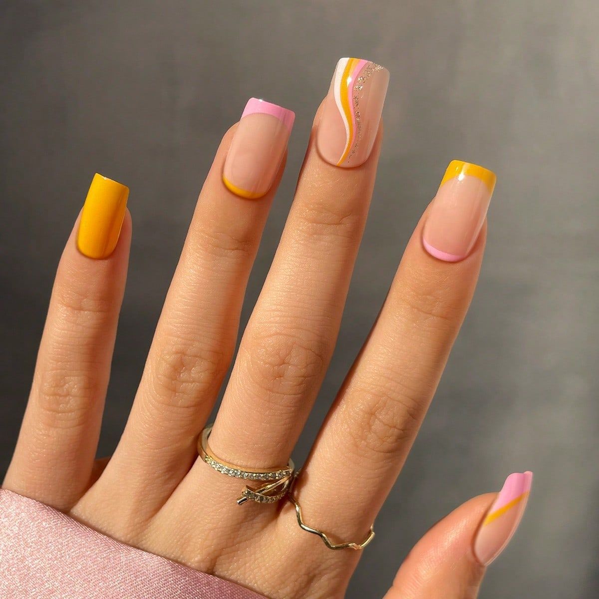 Sunshine Dreams Long Square Press On Nail Set in Yellow Pink and Beige with Glitter Accent