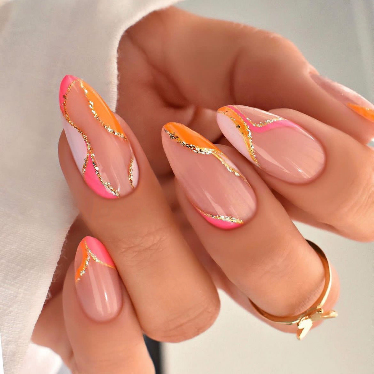 Tropical Sunset Long Almond Peach Ombre Press On Nail Set with Gold Foil Accents