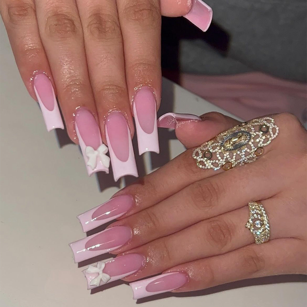 Enchanted Elegance Extra Long Coffin Pink Press On Nails with Rhinestone Accents and 3D Star Appliques