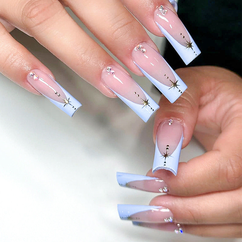 Starry Night Ombre Long Square Lavender to Baby Pink Press On Nail Set with Rhinestone Accents