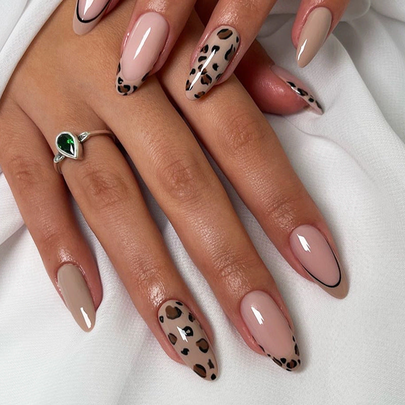 Wild Safari Glamour Long Almond Beige and Leopard Print Press On Nail Set with Glossy Finish