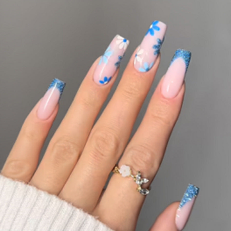 Spring Blossom Extra Long Coffin Pink and Blue Floral Press On Nail Set with Glitter Accents