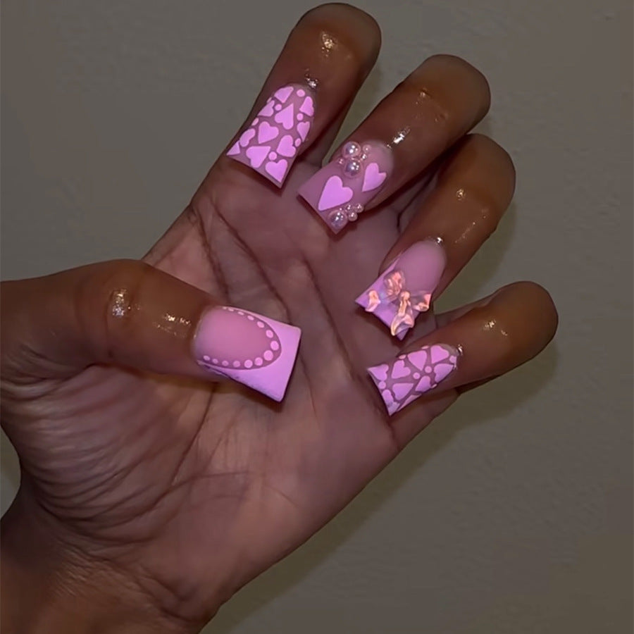 Sweetheart Affair Long Duck Pastel Pink Press On Nails with 3D Heart Charms and Polka Dots