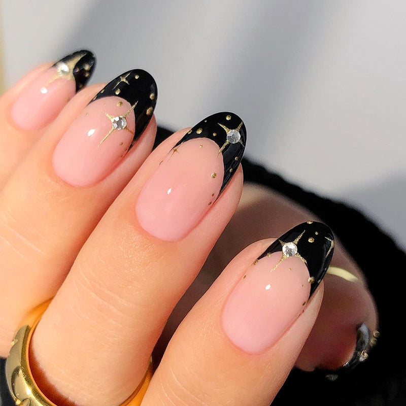 Starry Night Elegance Medium Almond Black and Pink Press On Nail Set with Gold Flake Accents