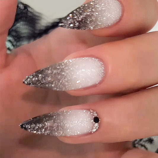 Winter Sparkle Long Stiletto Gradient Silver Glitter Press On Nail Set with Crystal Accents