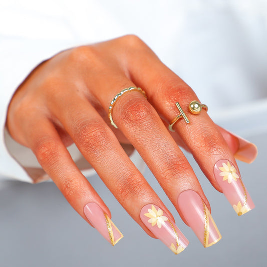 Bohemian Chic Long Square Pink Floral Press On Nail Set with Gold Accent and Clear Design