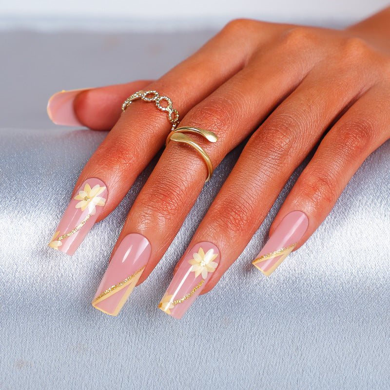 Floral Elegance Long Square Pink Press On Nail Set with Gold Accent and Flower Design